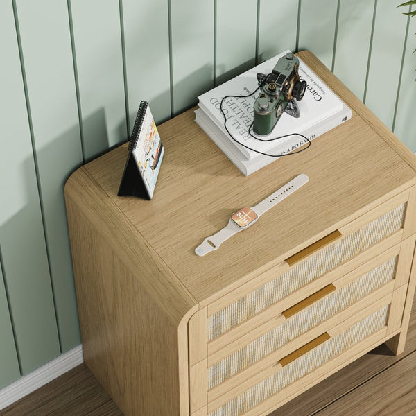 English Elm Rattan Drawer Nightstand Set with Built-in Charging Station and Open Shelf Bedroom Storage Oak W1820P416766