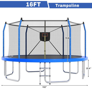 English Elm 16ft Round Outdoor Trampoline Galvanized Steel Frame Basketball Hoop Safety Net Blue N739S000004C