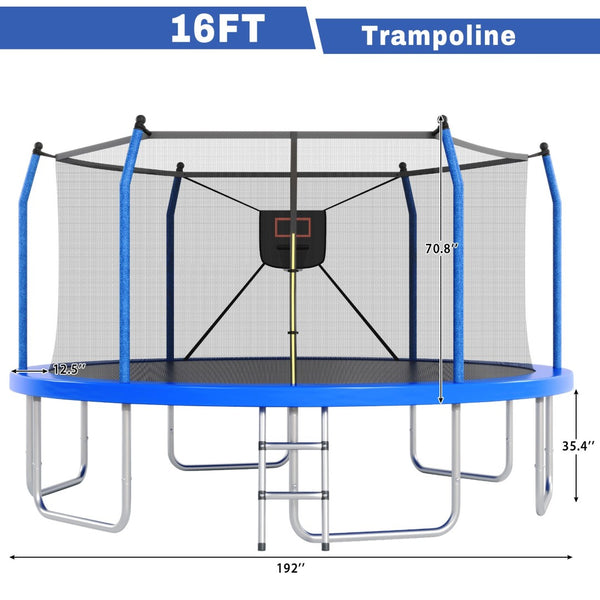 English Elm 16ft Round Outdoor Trampoline Galvanized Steel Frame Basketball Hoop Safety Net Blue N739S000004C