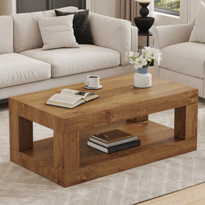 English Elm Modern Two Tier Rectangular Coffee Table with Open Shelf for Living Room Storage W3875P389550