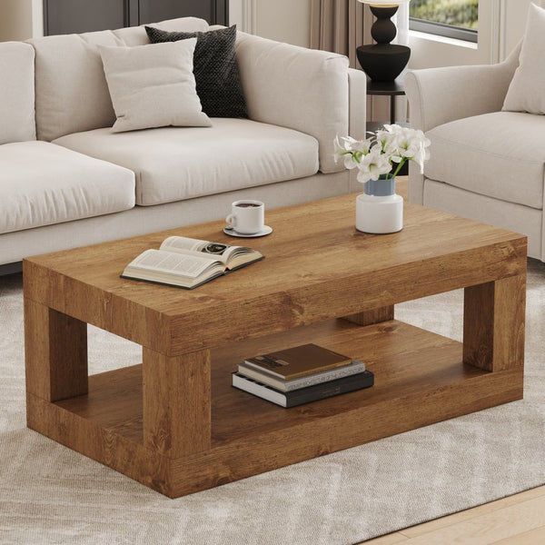 English Elm Modern Two Tier Rectangular Coffee Table with Open Shelf for Living Room Storage W3875P389550