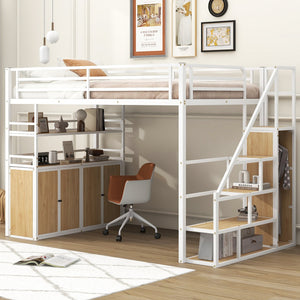 English Elm Full Size Metal Loft Bed with Desk, Storage Staircase, Wardrobe & Shelves — Space-Saving White GX002219AAK