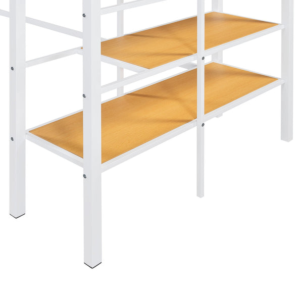 English Elm Twin Metal Loft Bed with Upper Grid Storage Shelf and 4-Layer Ladder Shelves for Space Saving White SF100081AAK