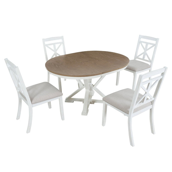 English Elm Trexm Retro Extendable Round Dining Set with Four Linen Upholstered Chairs Rubberwood Brown + Antique White ST000141AAD-2026