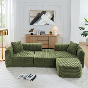 English Elm 114" Cloud Sectional Couch with L-Shape Chaise Modular Corduroy Sofa with Movable Ottoman, No Assembly Required, Plush Comfort for Living Spaces Green W1117P371655