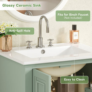 English Elm 24'' French Style Bathroom Vanity with Ceramic Sink Soft Close Cabinet and Drawer Green N710P411227F