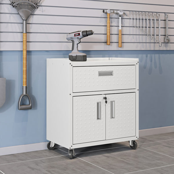 English Elm Rolling Metal Garage Cabinet with Locking Doors Diamond Texture Industrial Storage White B365P398221
