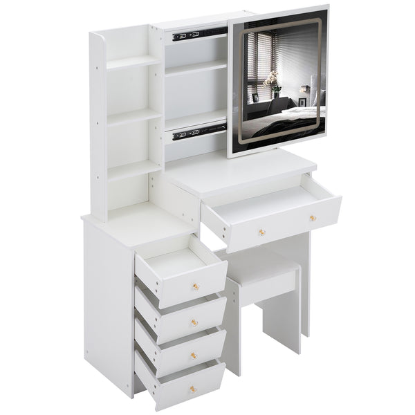 English Elm 37" Stylish Vanity Table Set With Cushioned Stool, Led Mirror, Usb Ports & Hair Dryer Stand - Perfect For Modern Bedrooms! W936P224319