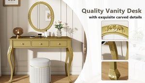 English Elm Luxury Makeup Vanity Desk with Oval Mirror and Engraved Floral Frame, Velvet Jewelry Tray, Durable Drawers and Elegant Console for Bedroom & Living Room Decor Gold N844P292481G