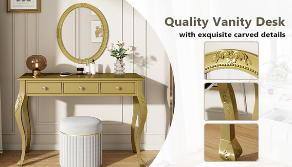 English Elm Luxury Makeup Vanity Desk with Oval Mirror and Engraved Floral Frame, Velvet Jewelry Tray, Durable Drawers and Elegant Console for Bedroom & Living Room Decor Gold N844P292481G