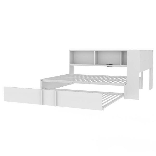 English Elm Metal Full Size Daybed with Trundle, Built-In Storage Cabinets & USB Ports for Small Rooms White DL001523AAK