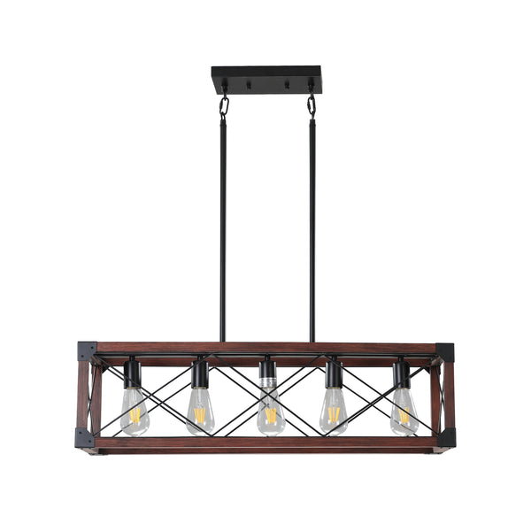 English Elm 32" Red Wood Industrial Farmhouse Pendant Light 5-Light Rectangle Chandelier for Kitchen Island Dining Room Cafes W2312P374775