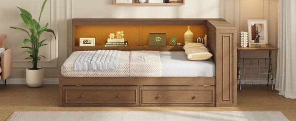 English Elm Full Pine Platform Daybed with Led Lighting Usb Charging Headboard Shelf and Drawers Wood N7090004032D