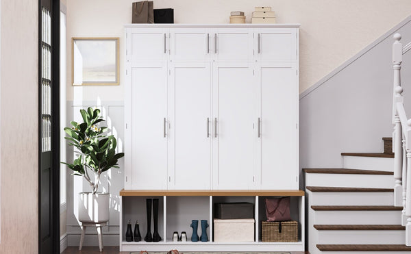 English Elm Wood Entryway Hall Tree with Bench Seating Coat Hooks Shoe Cubbies Cabinet White W5271S00004