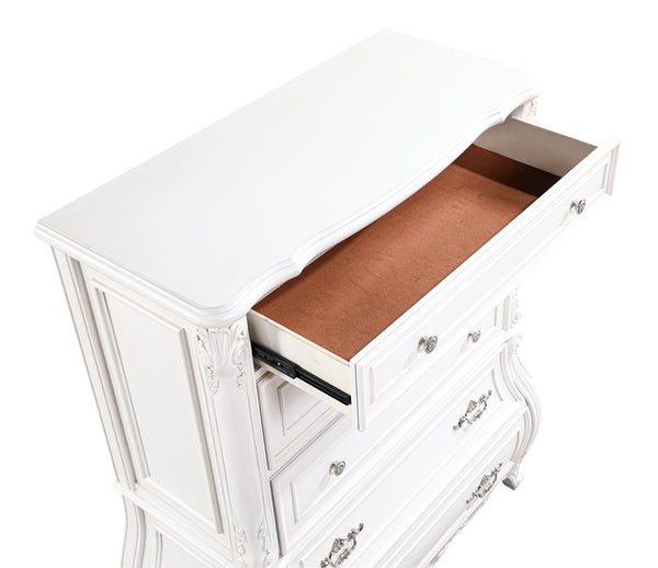 English Elm Opulence 5-Drawer Chest In Pearl White – Elegant Wood Storage Solution For Stylish Bedrooms B009P240964