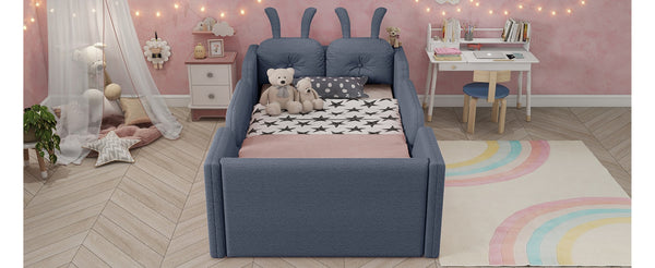 English Elm Twin Kids Platform Bed Teddy Fabric Upholstered with Bunny Cushions and Safety Rails Gray W2593P395809