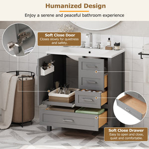 English Elm 30" Gray Bathroom Vanity with Ceramic Sink, Solid Wood Frame, Soft-Close Door & 3 Drawers for Organized Style N729P177787E
