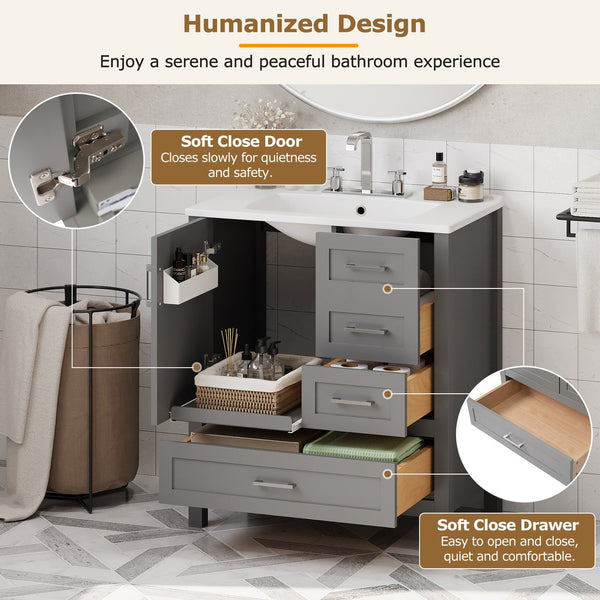 English Elm 30" Gray Bathroom Vanity with Ceramic Sink, Solid Wood Frame, Soft-Close Door & 3 Drawers for Organized Style N729P177787E
