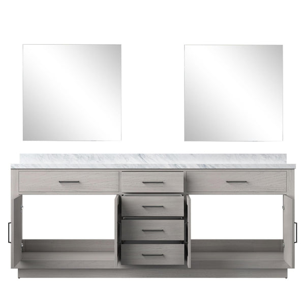 English Elm White Oak Double Bath Vanity Set With Carrara Marble Top & 34 In. Frameless Mirrors For Luxury Baths B2731S01555-GIGA