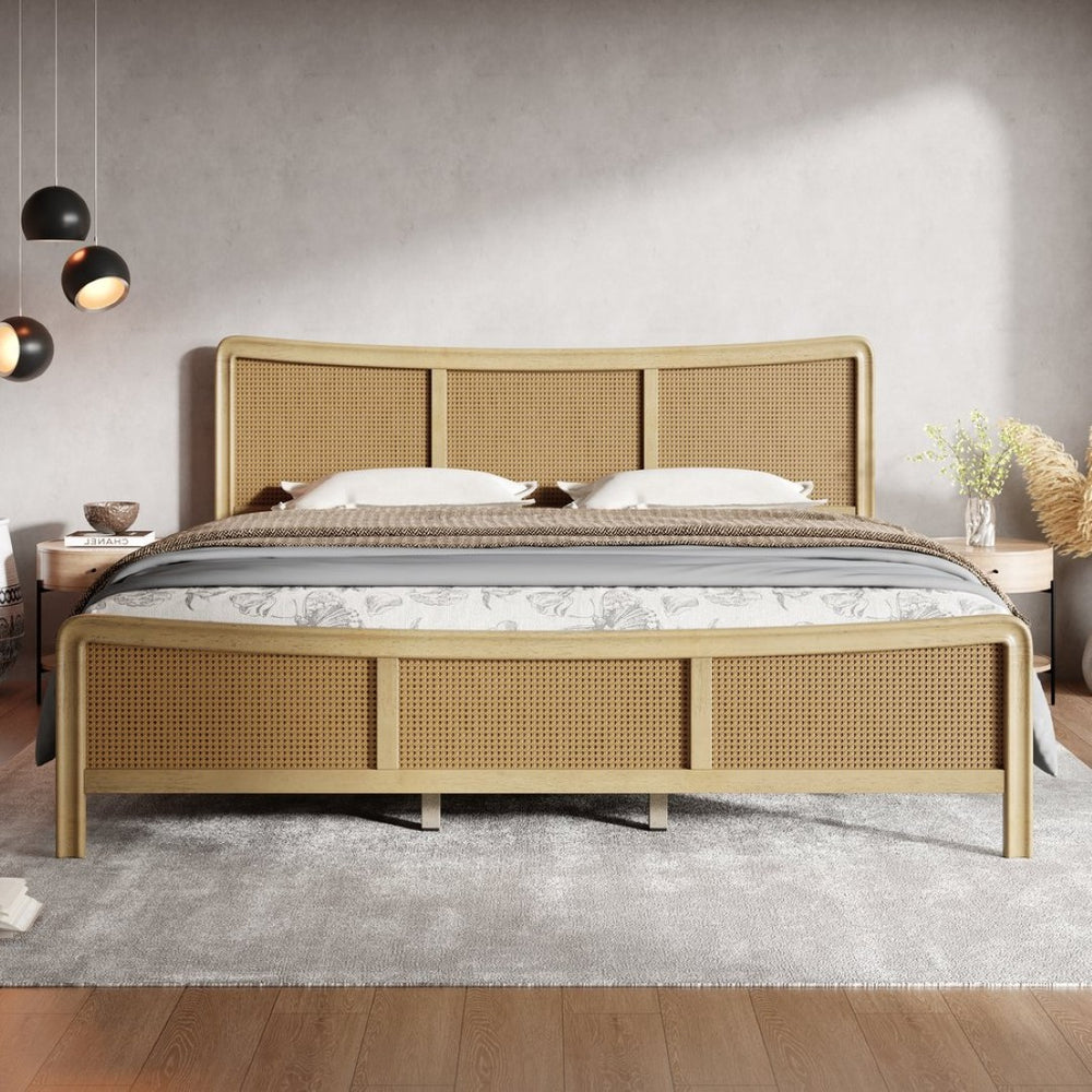 English Elm Curved Rattan King Bed Solid Wood Frame Antique White Bohemian Bedroom Design N758P390778N