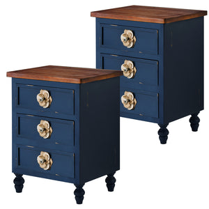 English Elm Vintage Farmhouse End Table with Floral Knobs 3-Drawer Rustic Nightstand Solid Wood Accents Antique Blue,Walnut W3306P318868