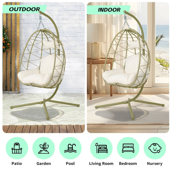 English Elm Hanging Egg Chair Wicker Swing with Stand Washable Cushion Patio Balcony Garden T5880P497573
