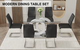 English Elm 1 Table and 6 Chairs Set.63"X35.4 Rectangular Transprant Tempered Glass Dining Tabletop With White Mdf Oc Shaped Bracket.Paried With 6 Black High-Quality Pu Chairs With Silver Metal Legs.