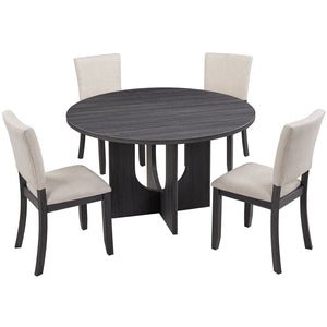 English Elm 47.3" 5-Piece Round Dining Set for 4 - Antique Black Table & Beige Upholstered Chairs, Stable Stylish W1998S00078