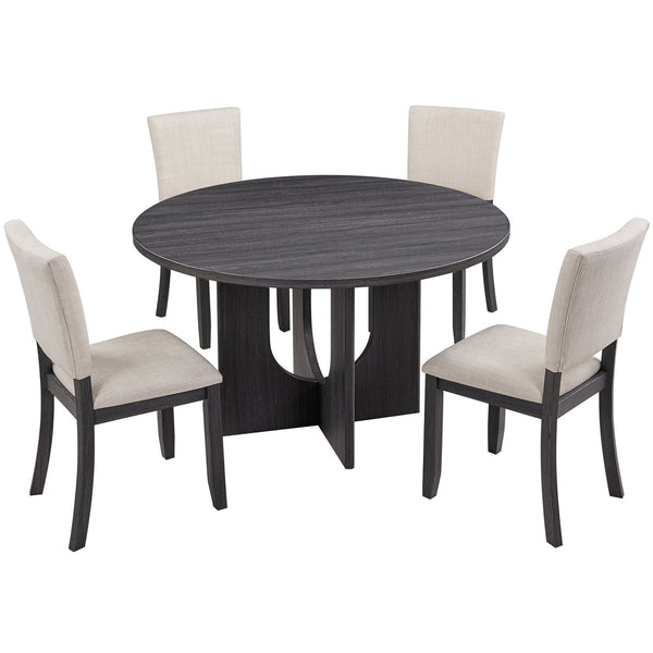 English Elm 47.3" 5-Piece Round Dining Set for 4 - Antique Black Table & Beige Upholstered Chairs, Stable Stylish W1998S00078