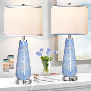 English Elm Modern Ceramic Blue Table Lamps Set of 2 — 27" Touch Control, 3-Way Dimmable with Dual USB Ports W3355P323228