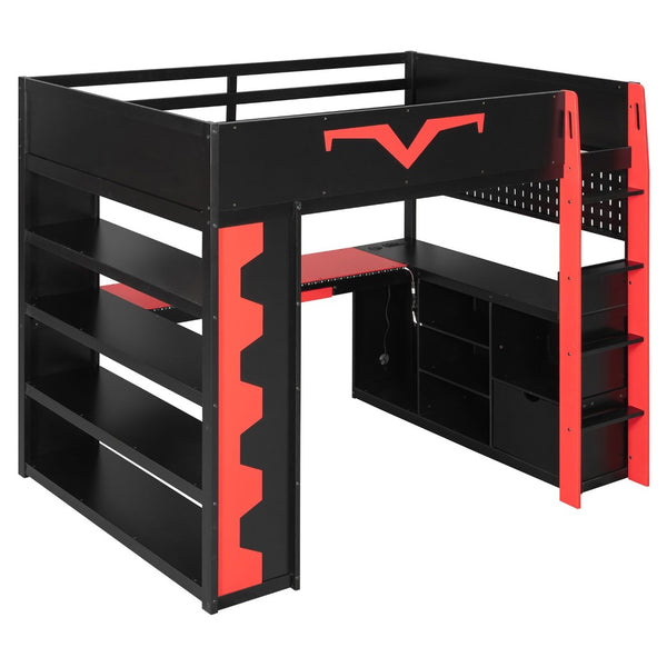 English Elm Full Size Gaming Loft Bed with Desk Rgb Lighting Power Outlet and Storage Drawer Red LT000285AAJ