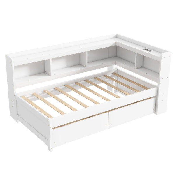 English Elm Twin L-Shaped Bookcase Bed With Usb Charging, Two Drawers & Modern White Finish For Smart Storage W504S00244-GIGA