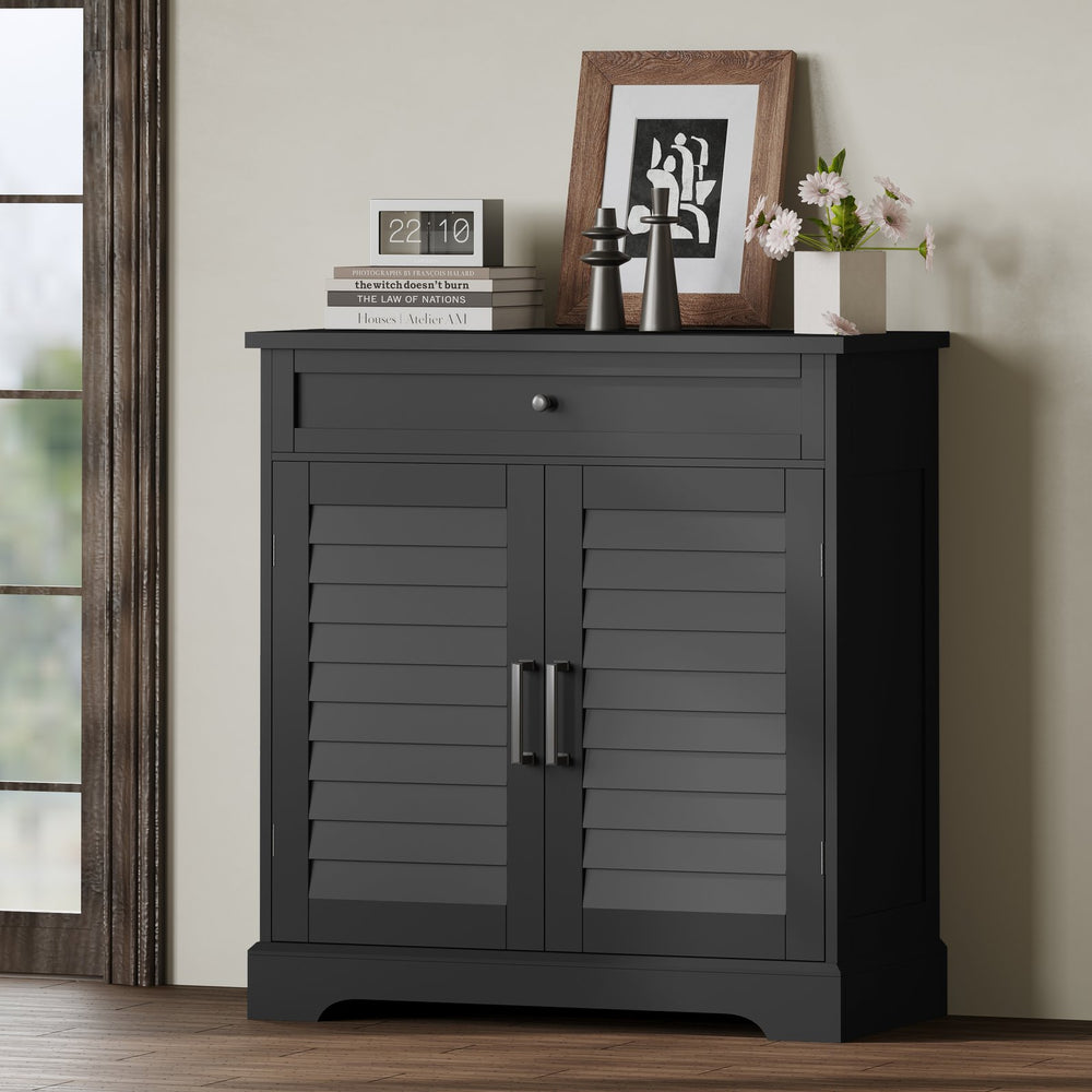 English Elm 16 Pair Shoe Cabinet Tall Freestanding Entryway Organizer with Drawer, Louvered Doors, Durable MDF Storage Black T3771P373139