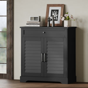 English Elm 16 Pair Shoe Cabinet Tall Freestanding Entryway Organizer with Drawer, Louvered Doors, Durable MDF Storage Black T3771P373139