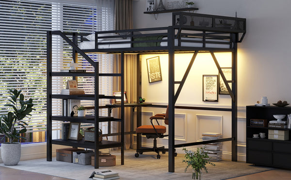 English Elm Full Size Metal Loft Bed with Foldable Desk Staircase Storage and Led Lighting W2580S00072