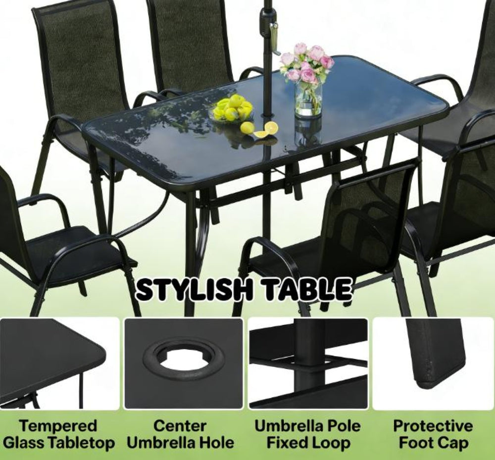 English Elm Modern Outdoor Dining Set 8 Piece Aluminum Mesh Chairs Glass Table with Umbrella T3971S00151