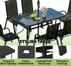 English Elm Modern Outdoor Dining Set 8 Piece Aluminum Mesh Chairs Glass Table with Umbrella T3971S00151