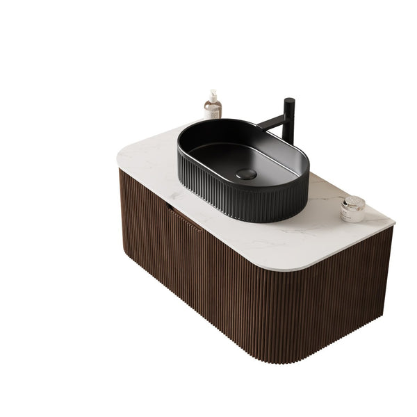 English Elm Dina Floating Bathroom Vanity Sintered Stone Top Glass Basin Striped Plywood Cabinet W2615S00202