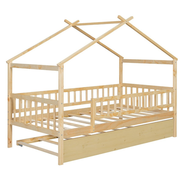 English Elm Twin House Bed with Trundle Solid Pine Frame Walnut Kids Bedroom Sleepover N708P357115N