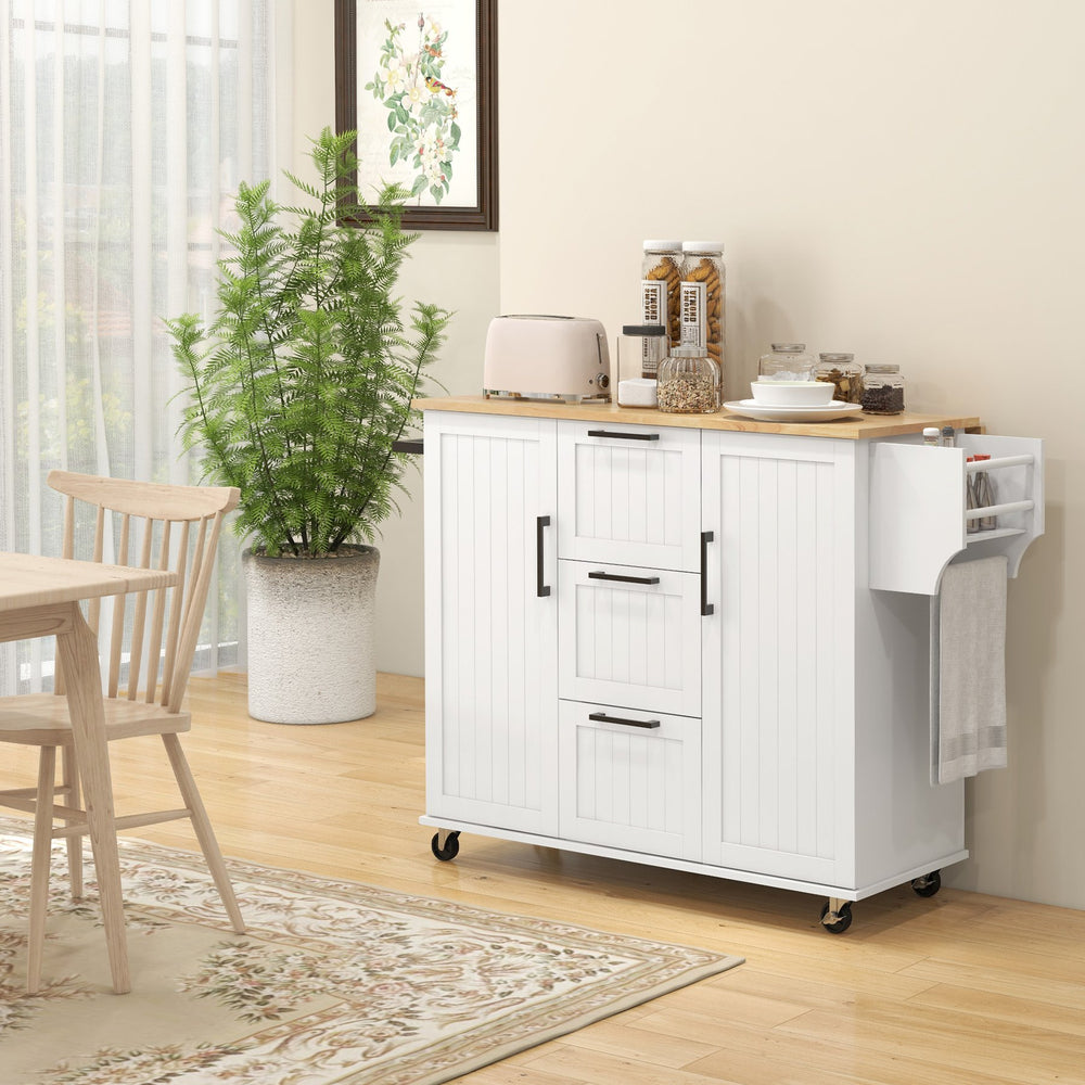 English Elm HOMCOM Rolling Kitchen Island Cart with Drop Leaf Top, 3 Drawers, 2 Cabinets, Spice & Towel Racks W2225S00051