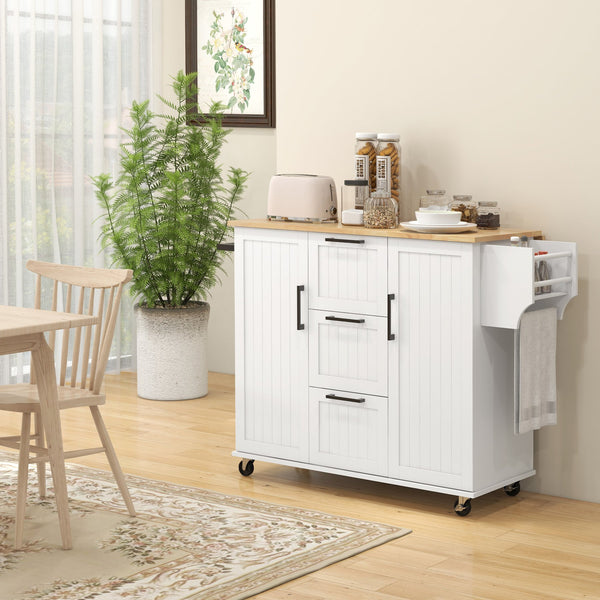 English Elm HOMCOM Rolling Kitchen Island Cart with Drop Leaf Top, 3 Drawers, 2 Cabinets, Spice & Towel Racks W2225S00051
