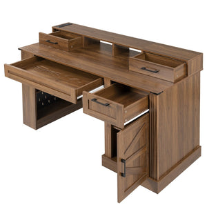 English Elm 55" Farmhouse Writing Desk with Cabinet Charging Station Pegboard and Monitor Stand Dark Walnut W2917S00009