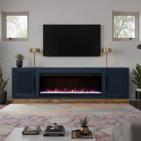 English Elm Nora 81 Inch Fireplace TV Stand with 42" Electric Insert, Two-Tone Alder & Poplar Craftsmanship Blue B108P345197
