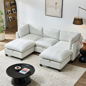 English Elm 96.5" L-shaped Chenille Sectional with Storage Ottoman Eucalyptus Frame Living Room Beige W1097S00284