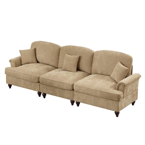 English Elm Elegant Mid Century 3-Seater Sofa With Flared Arms & Ruffled Skirts, Versatile Chenille Couch In Light Coffee W3041S00244