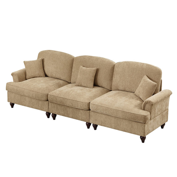 English Elm Elegant Mid Century 3-Seater Sofa With Flared Arms & Ruffled Skirts, Versatile Chenille Couch In Light Coffee W3041S00244