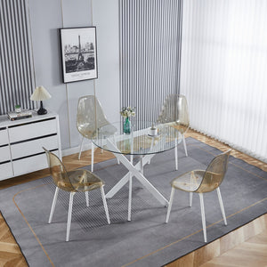 English Elm Dining Table Square Tempered Glass Top Cross Metal Base Modern Space Saving Design W234P235263