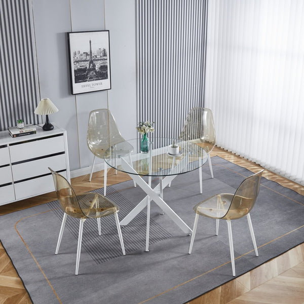 English Elm Dining Table Square Tempered Glass Top Cross Metal Base Modern Space Saving Design W234P235263