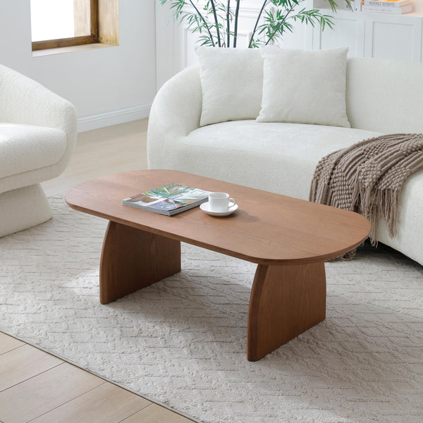 English Elm 47.24" Oval Coffee Table with Solid Wood Veneer, Modern Farmhouse Center Table, Sturdy H-Base Storage Walnut Brown W2664P346449