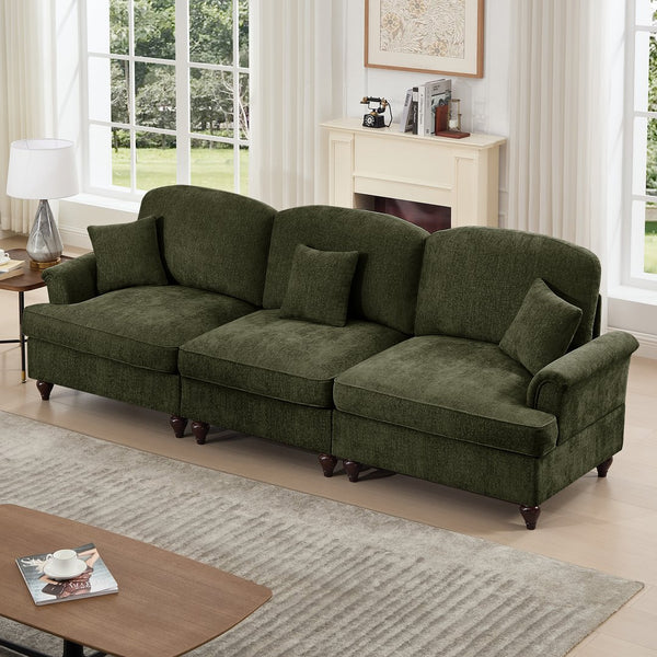 English Elm Elegant Mid Century 3-Seater Sofa With Flared Arms & Removable Skirts – Versatile Green Chenille Comfort W3041S00266